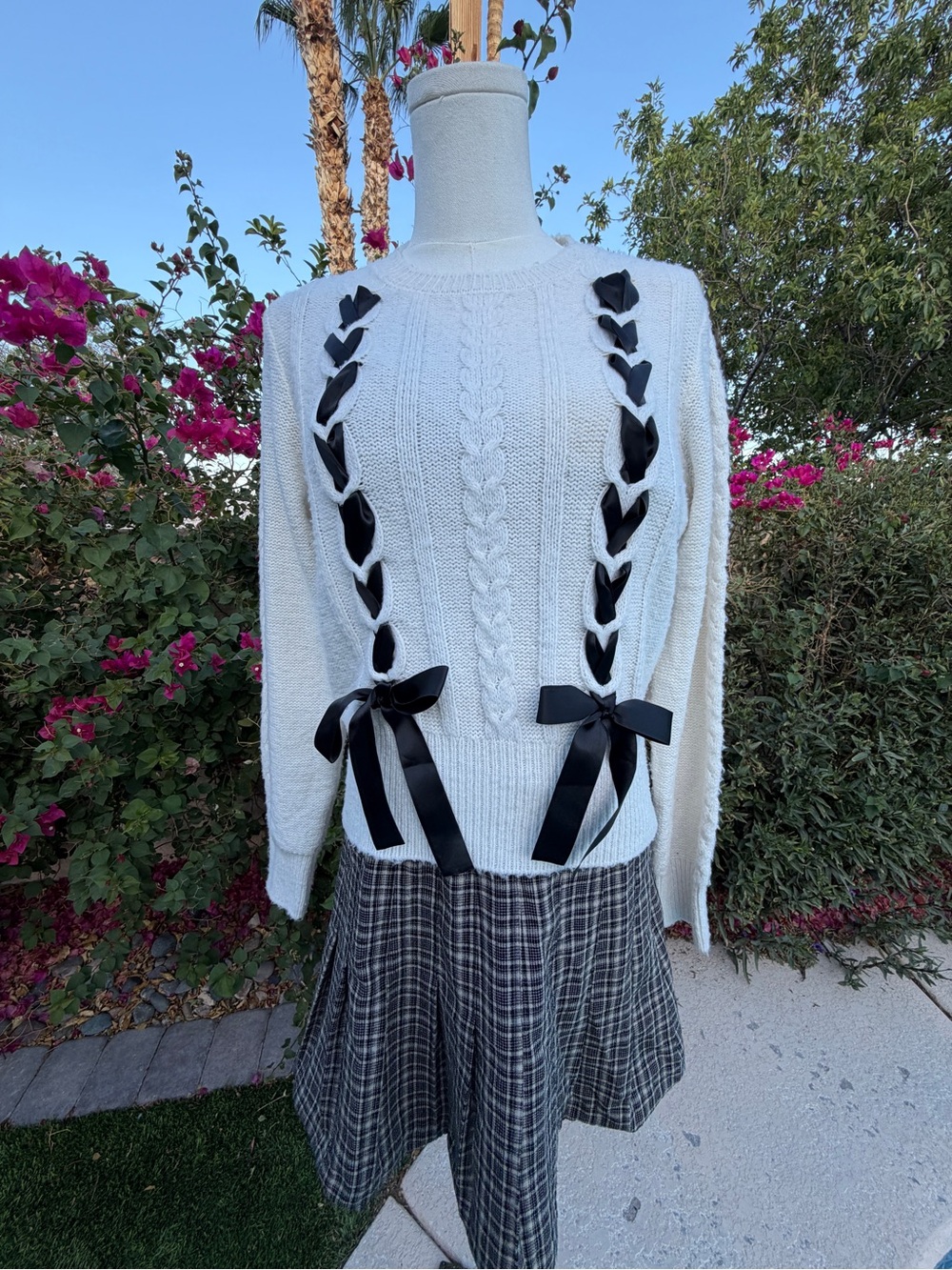 Coquette Cream Cable Knit Sweater with Black Ribbon Detail